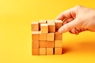 Obraz premium Strategic move, Businessmans hand extracts a wooden cube, symbolizing the precision and thoughtfulness of a strategic business approach in stock photos.