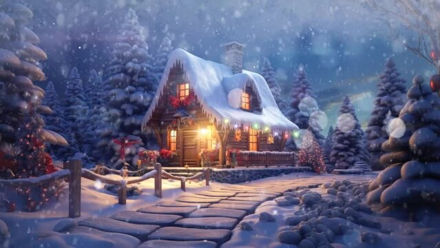 Christmas decorations with snowfall and small houses decorated with Christmas trees. with cartoon style. seamless looping time-lapse virtual video animation background.