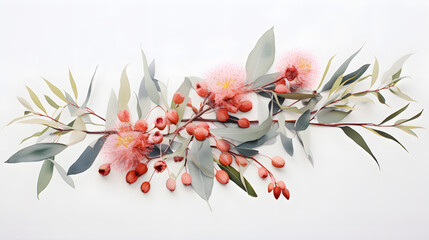 Bouquet of eucalyptus and roses, no background, white background.