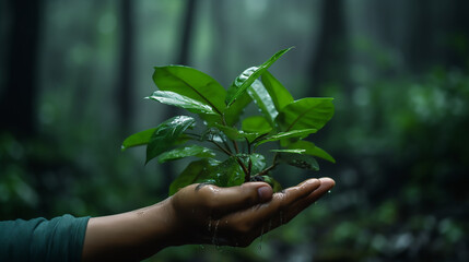 Hand holding plant in a forest, Green protection concept 
