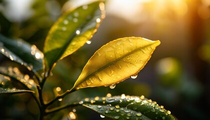 Raindrops, water on a lemon leaf. Fresh, juicy, beautiful tree leaf close-up. Summer, spring	
