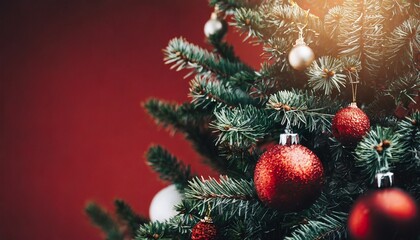Obraz premium Christmas tree close up, dark red background 