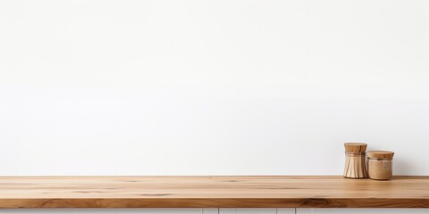 Counter made of wood against a white backdrop.
