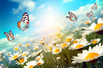 Fototapeta na wymiar Chamomile field with daisies and butterfly. Nature blurred background.