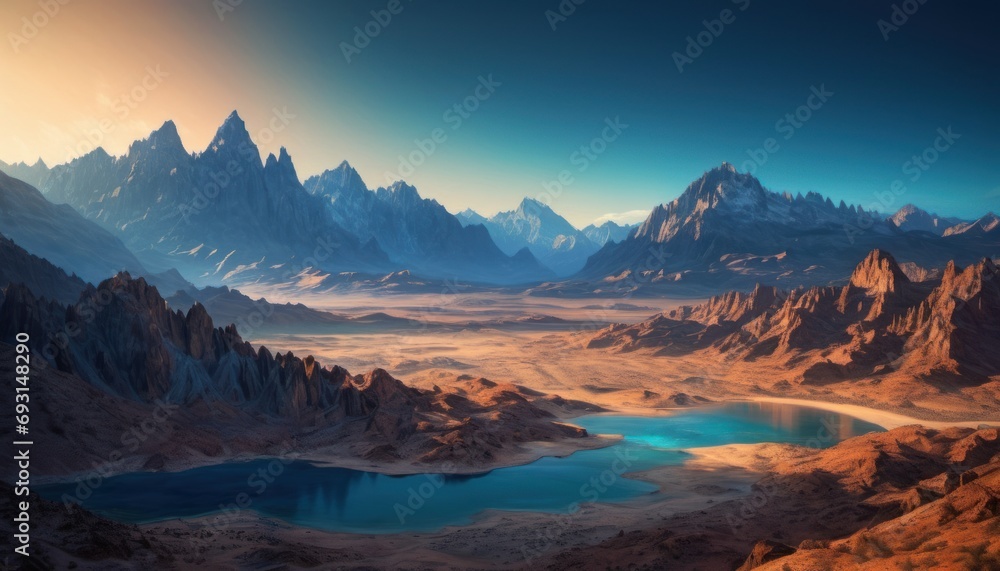 Poster an artist's rendering of a mountain range with a lake in the foreground and mountains in the backgro
