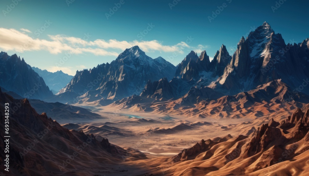 Poster a view of a mountain range in the middle of a desert with a lake in the middle of the mountain range