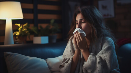 Sick woman blowing their nose while she sits on the couch at home - obrazy, fototapety, plakaty