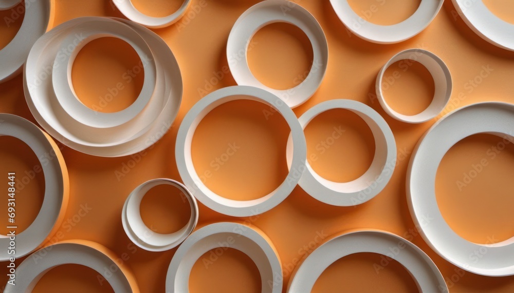 Poster a group of white circular objects sitting on top of a orange surface with a white circle in the midd