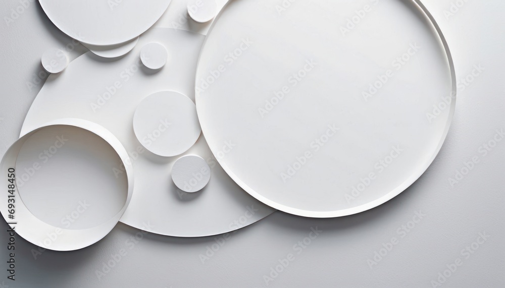 Poster a group of white plates sitting on top of a white table covered in circles and circles of different 