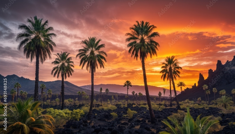 Poster a sunset with palm trees in the foreground and a mountain range in the distance with mountains in th