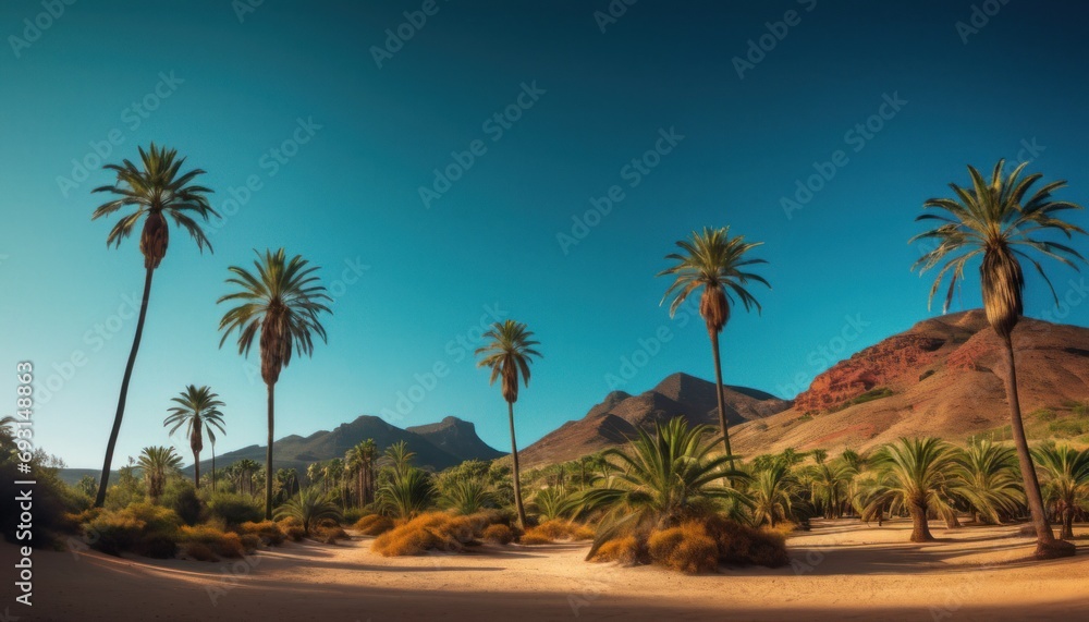 Aufkleber a group of palm trees in a desert with a mountain in the background and a blue sky in the foreground