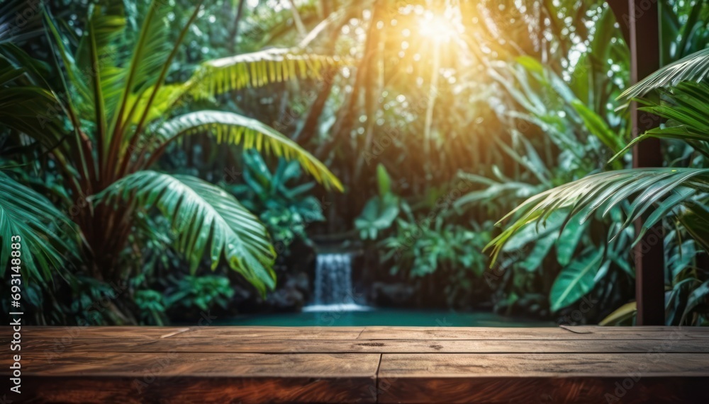 Poster a wooden table with a view of a waterfall in a tropical setting with palm trees and a waterfall in t