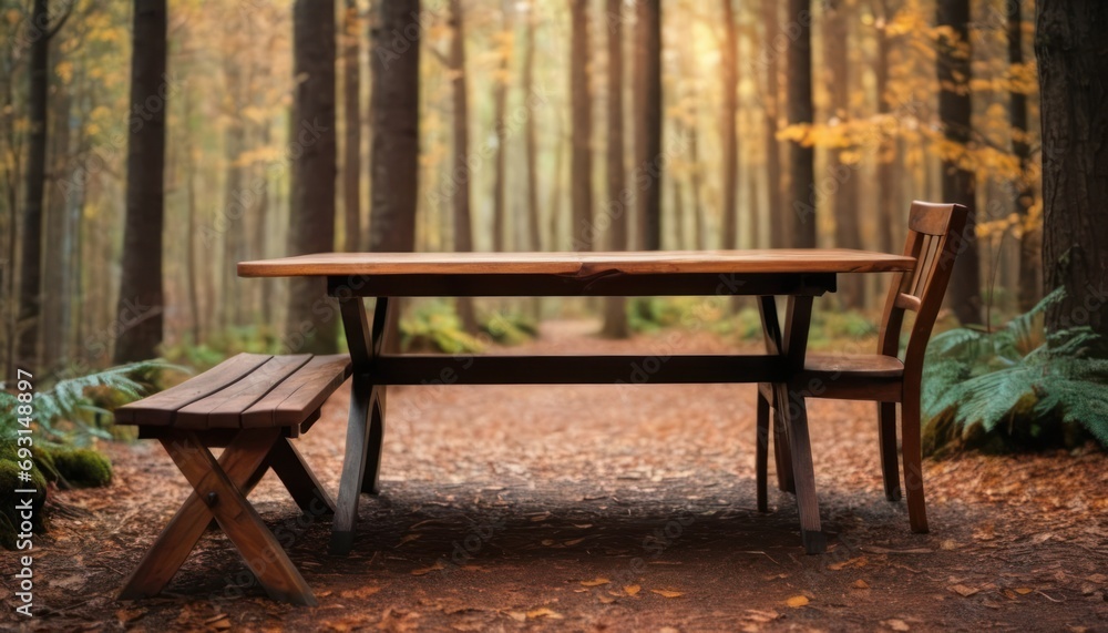 Poster a wooden table and bench in the middle of a forest with leaves on the ground and trees in the backgr