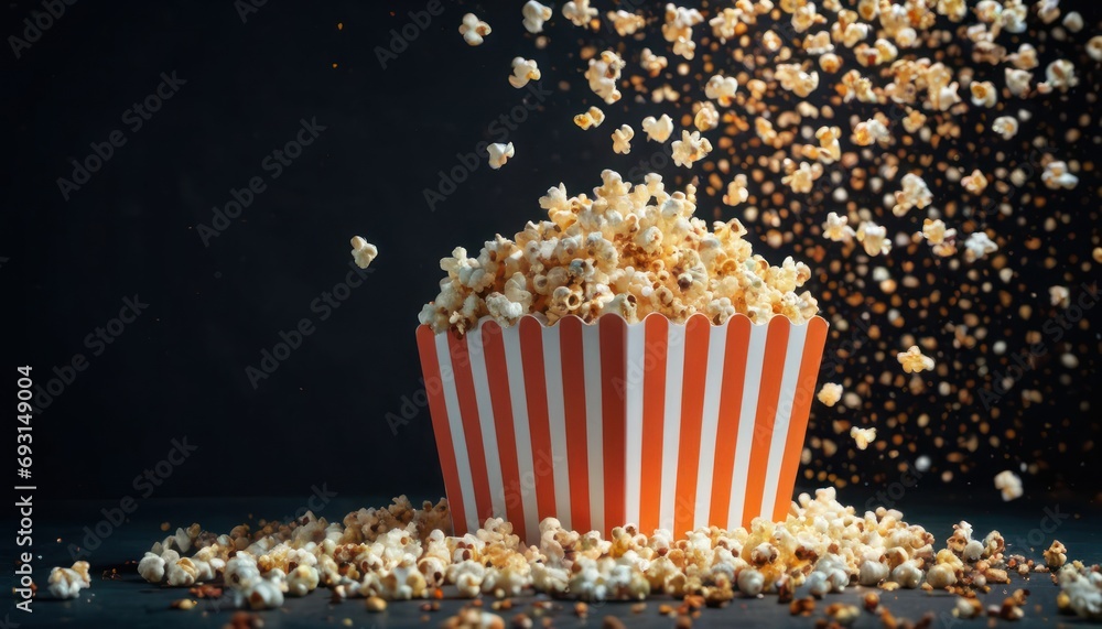 Aufkleber a red and white striped popcorn bucket filled with popcorn kernels on a black background with fallin
