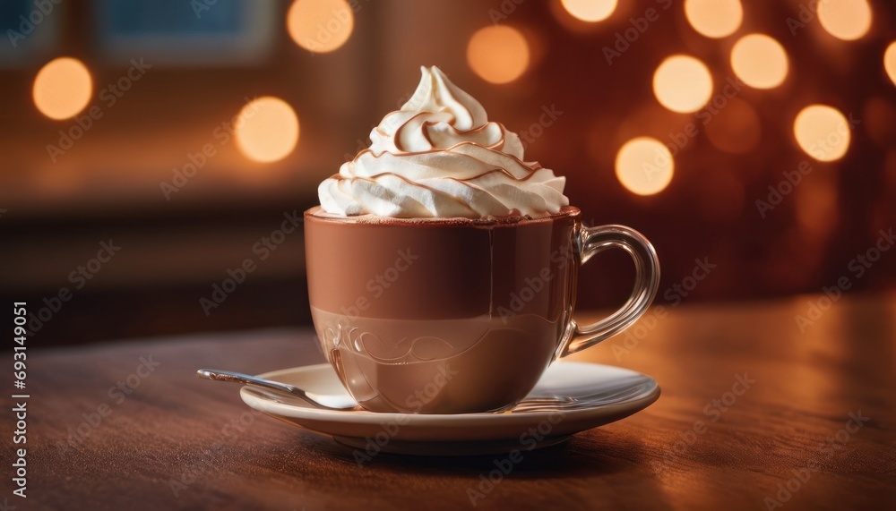 Poster a cappuccino with whipped cream on a saucer on a wooden table with lights in the background.