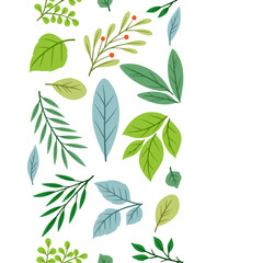 Seamless pattern of sprigs with green leaves. Decorative natural plants.