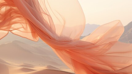 Beautiful curly in the wind close up photo of flying veil on desert, golden hour, pastel peach fuzz color. The trending color of 2024. - obrazy, fototapety, plakaty