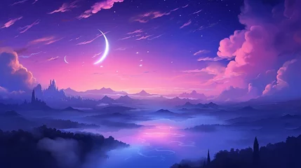 Foto op Plexiglas A serene twilight sky, with shades of purple and pink, and the first stars beginning to twinkle. © ZAINAB