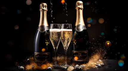 Sparkling bubbles around champagne bottles, New Years Eve background, celebration template, Happy New Year, Commercial background