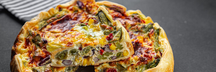vegetable quiche savory open pie baked healthy eating cooking appetizer meal food snack on the...