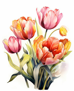 Bright delicate tulips on white background. Watercolor drawing, colorful illustration. For Mother's Day, March 8 international Women's Day, birthday, Spring Easter Holiday Concept. Close-up.