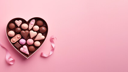Gift with love for valentine's day heart shaped box of chocolates banner with empty space on pink background. Generative AI