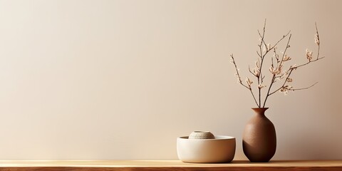 Minimalist warm and cozy living room with wooden consola, stylish vase with branch, book, brown bowl, beige wall, and personal accessories. Home decor.