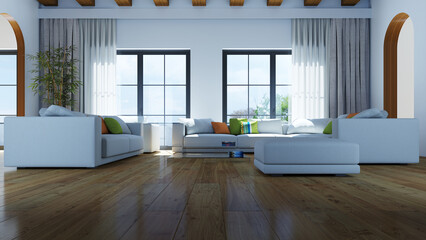 Large luxury modern bright interiors Living room mockup illustration 3D rendering computer digitally generated image