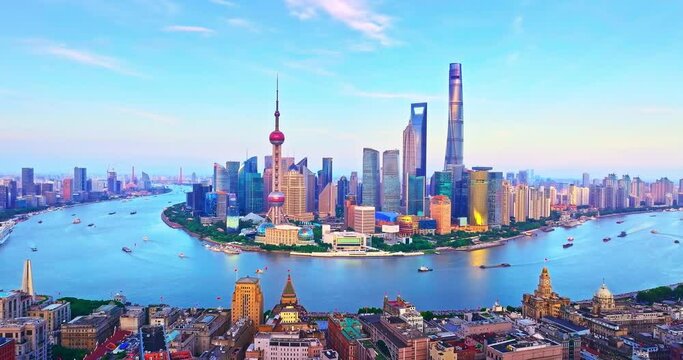 Aerial shot of downtown buildings skyline at sunrise in Shanghai, China