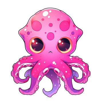 Cute sad pink cartoon octopus isolated on transparent background. Funny underwater animal. Marine theme, undersea world concept. Childish character for design print, card, clothes, sticker