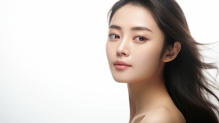 Fototapeta premium A stunning Asian female model with wavy long hair, radiating beauty and elegance, posing on a studio background.