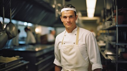 Fototapeta premium Chef in white uniform standing in a kitchen, preparing delicious dishes