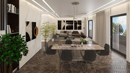 Large luxury modern bright interiors Living room mockup illustration 3D rendering computer...