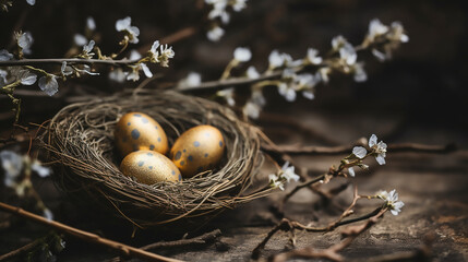Easter eggs with some twigs and flowers as decoration, Happy Easter 