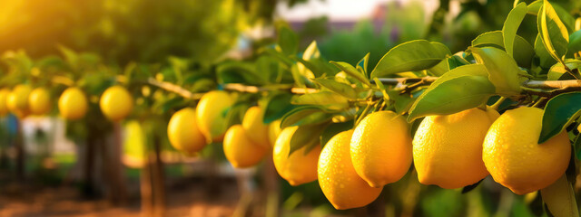 A branch with natural lemons on a blurred background of a lemon garden at golden hour. The concept of organic, local, seasonal fruits and harvest	
