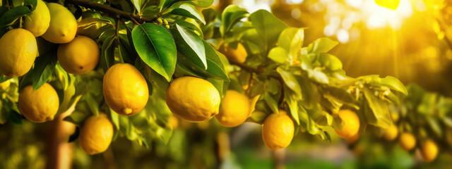 A branch with natural lemons on a blurred background of a lemon garden at golden hour. The concept of organic, local, seasonal fruits and harvest	
