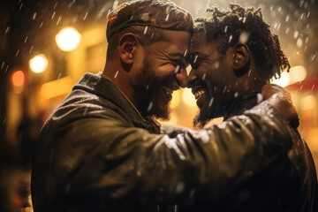 Happy man, gay couple hugging each other in the rain - obrazy, fototapety, plakaty