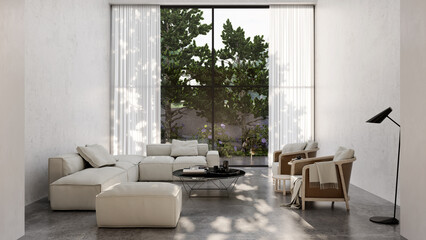 Large luxury modern bright interiors Living room mockup illustration 3D rendering computer...