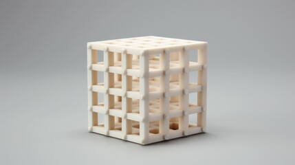 White cube with perforations, showcasing geometric design.