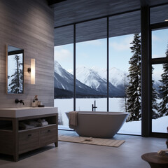 Minimalist bathroom with a view of the mountains in Alaska