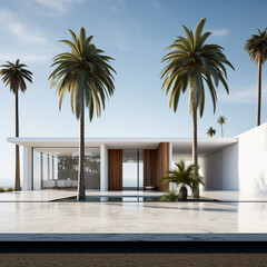 Fototapeta na wymiar Minimalist house with palm trees overlooking the mountains