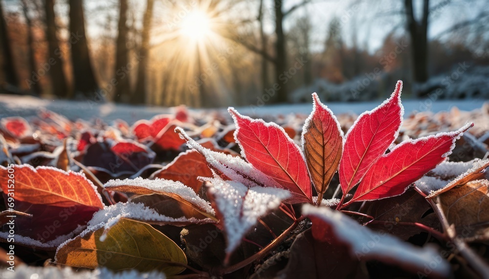Poster a close up of a red leaf in a field of leaves with the sun shining through the trees in the backgrou