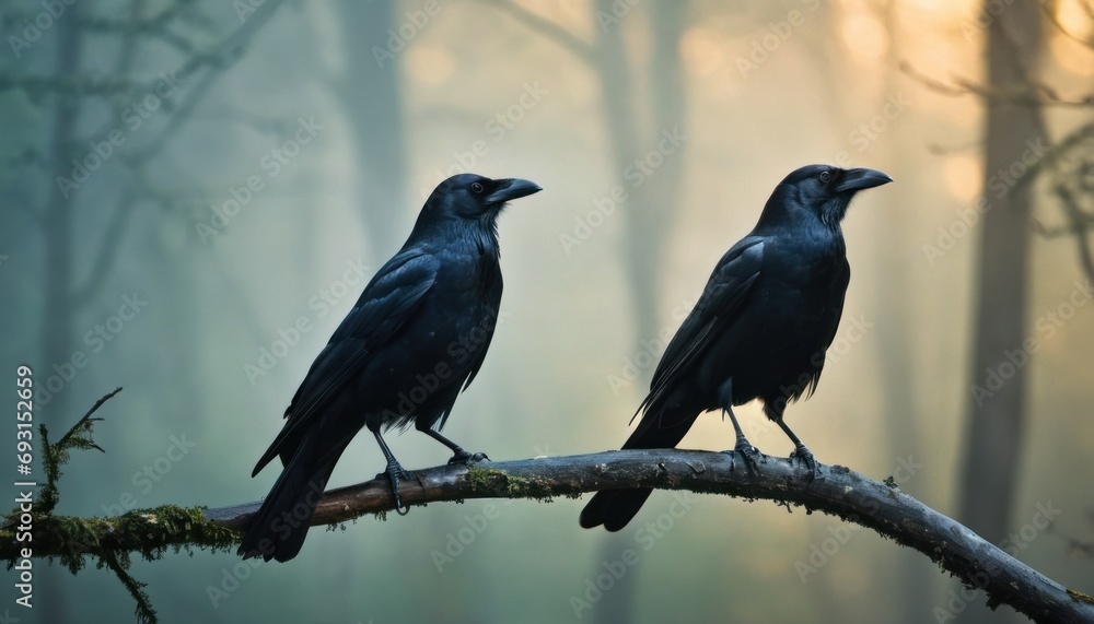 Poster two black birds sitting on a tree branch in the middle of a forest with foggy trees in the backgroun