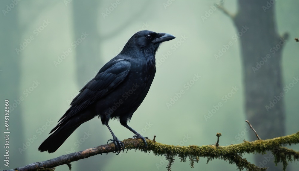 Poster a black bird sitting on top of a tree branch in the middle of a forest filled with lots of trees.