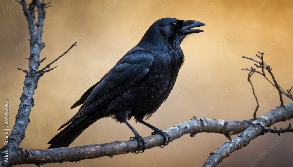 Poster a black bird sitting on top of a tree branch with it's beak open and mouth wide wide open.