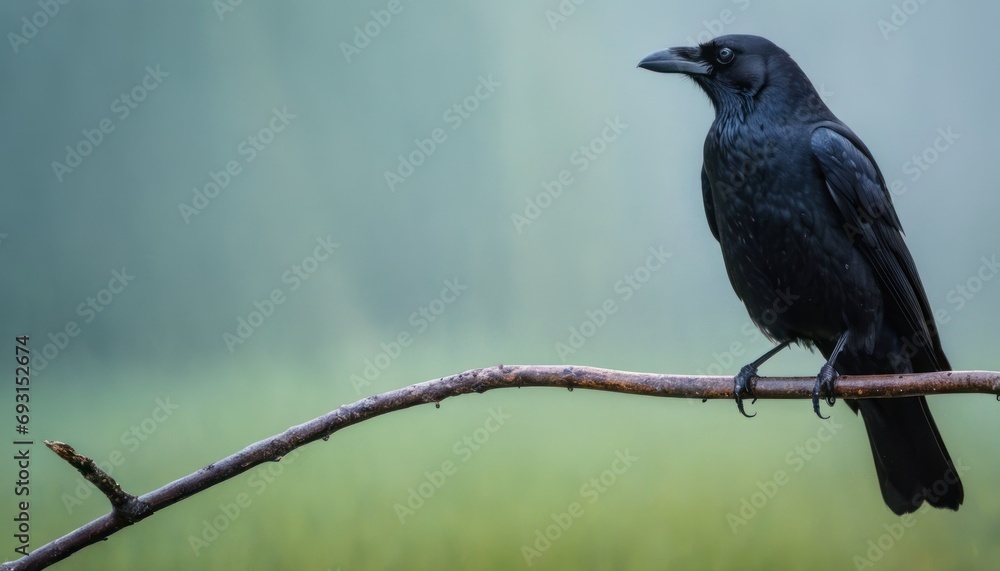 Poster a black bird sitting on top of a branch in front of a green grass covered field with trees in the ba
