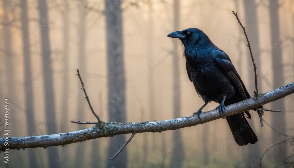 Poster a black bird perched on top of a tree branch in front of a forest filled with tall, thin trees.