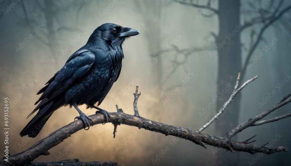 Poster a black bird sitting on top of a tree branch in the middle of a forest filled with lots of trees.