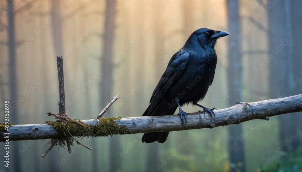 Aufkleber a black bird sitting on a tree branch in the middle of a forest with sunlight streaming through the 