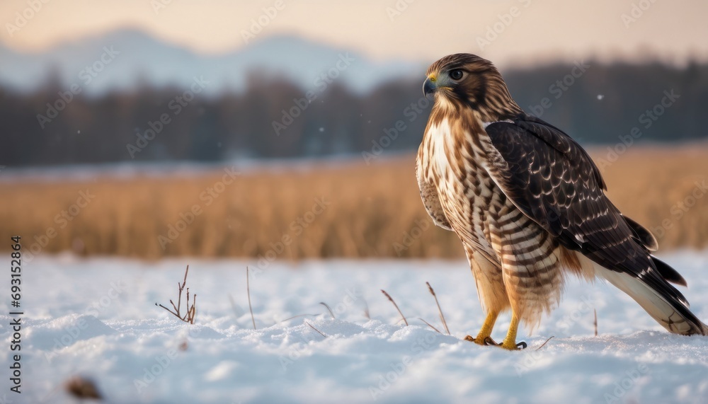 Poster a bird of prey standing in the snow in front of a field of tall grass and a hill in the background.
